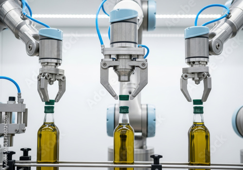 Automated robotic arms expertly seal glass bottles of olive oil on modern food processing production line in futuristic factory interior