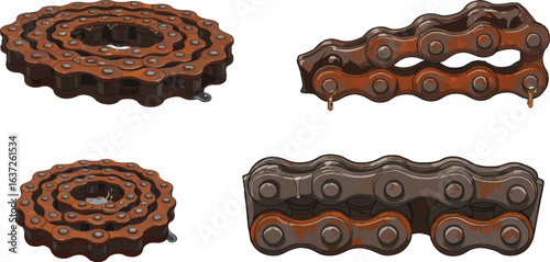 Rusty and Worn Mechanical Chain Segments for Industrial Texture Illustration