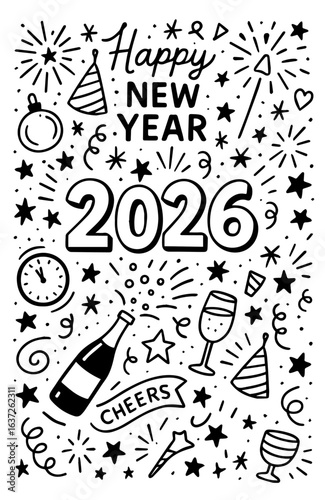 Happy new year 2026. Black doodle lettering on white background. Lettering design for poster, banner, prints.