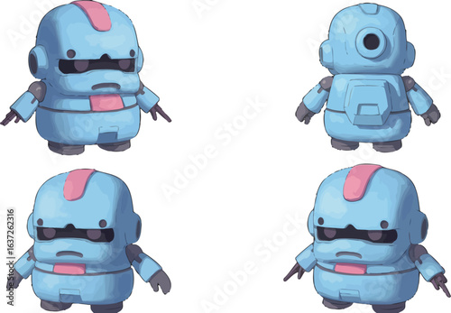Whimsical array of miniature blue robots each exhibiting distinct features