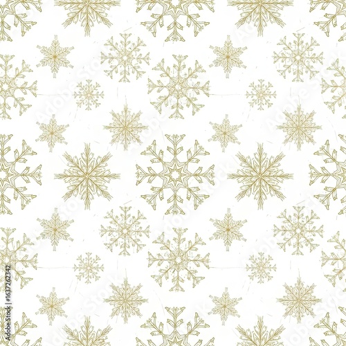 Elegant Seamless Pattern of Golden Snowflakes on a White Background