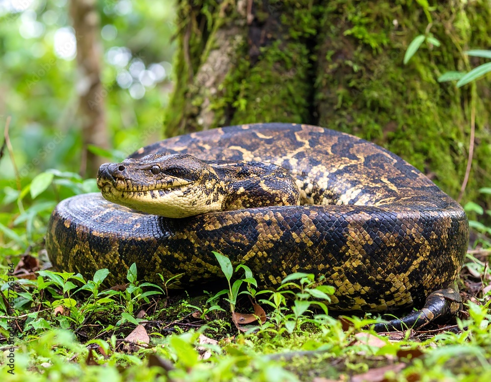 Naklejka premium Large snake coiled in forest