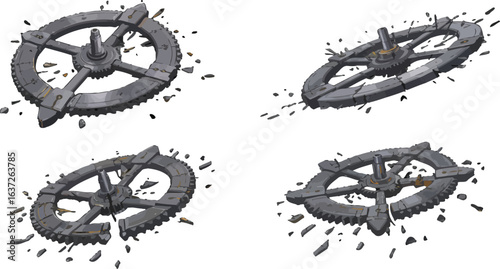 Collection of fragmented cogwheel elements, representing mechanism breakdown and loss