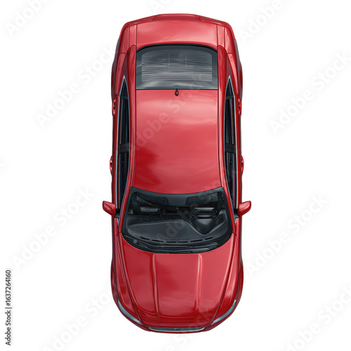 Red sedan parked on a clean urban road with clear blue sky in the background during midday in spring