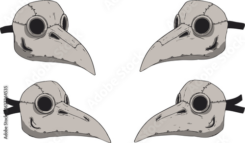 An intriguing arrangement of four plague doctor masks in symmetrical layout
