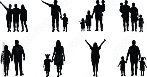 Silhouette of parents and children, happy family walking, holding hands, pointing, love, unity, bonding, lifestyle, relationship, parenting illustration