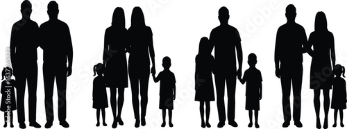 Silhouette of diverse families with children, parents holding hands, love, unity, bonding, support, parenting, relationship, happiness, togetherness, care illustration