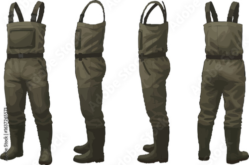 Illustration of chest waders in various views, ready for outdoor adventures