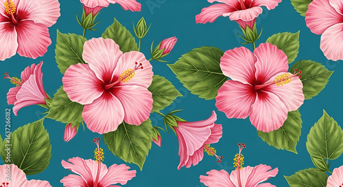 Wallpaper Mural Seamless Tropical Hibiscus Flower Pattern on Teal Blue Background
 Torontodigital.ca