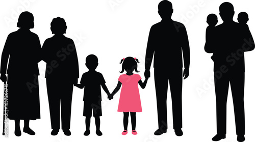 Silhouette family generations together, grandparents, parents, children, holding hands, happy childhood, parenting concept, family bond, togetherness, love, unity, black white background