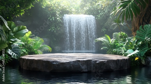 Exotic natural setting with a floating stone podium, rippling water, and lush tropical plants