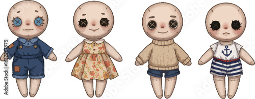 Voodoo Doll Characters Illustration with Different Outfits for Creepy and Fun Projects