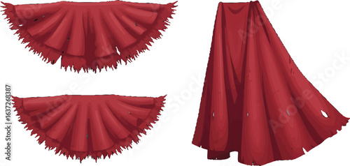 Collection of illustrated red cloth draperies with tattered edges on white