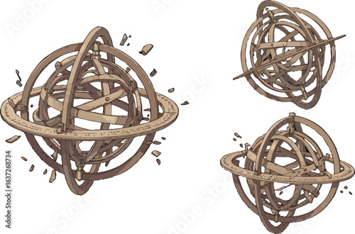 Conceptual illustration of an antique armillary sphere with damaged pieces