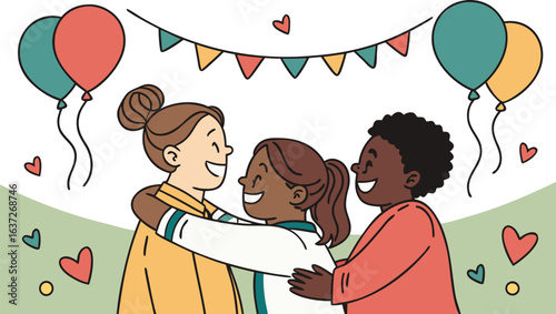 Three friends hugging under a banner with balloons and hearts celebrating a special occasion together