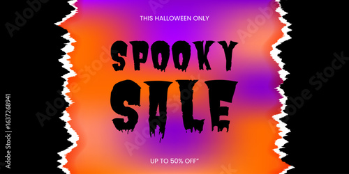 Spooky holographic Halloween sale banner with torn paper and scary sale text. Horizontal promo design with bright gradient, black background, creepy font. Vector illustration