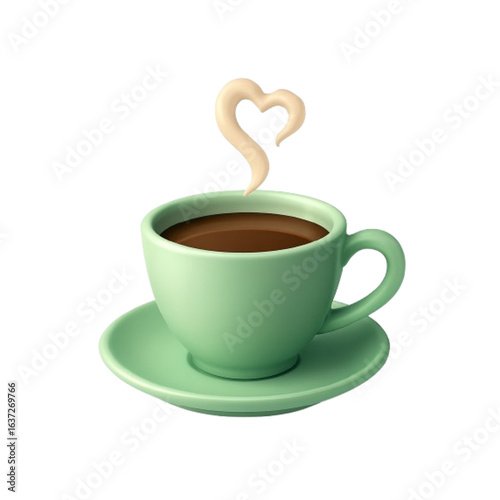 Green cup of coffee with heart shaped steam isolated on transparent background