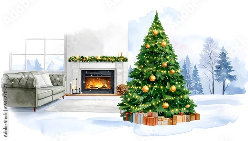 Watercolor Christmas scene with fireplace and tree