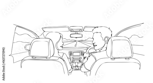 Couple road trip on highway, inside car, with driver and passenger enjoying scenic route. This couple road trip adventure is perfect for travel and sightseeing, adventure.