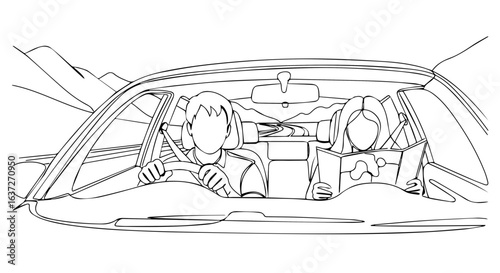 Couple road trip adventure with relaxed people in automobile. Couple road trip travel including landscape, map, and relaxing time together. Enjoy couple road trip with freedom, escape,