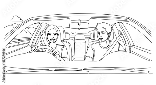 Couple road trip illustration with happy man and woman in car. Enjoy couple road trip, going for a drive near ocean with beautiful scenery.