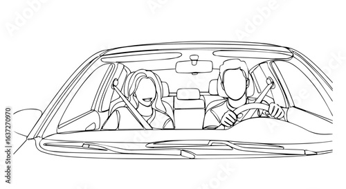 Couple road trip inside automobile, with driver and passenger in outline drawing. Couple road trip illustrates joyful adventure, freedom of traveling together, planning vacation.