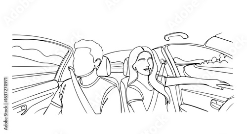 Couple road trip in car, enjoying adventure, journey on scenic route. Couple road trip involves carefree travel and fun with partner, enjoying picturesque views from car window.