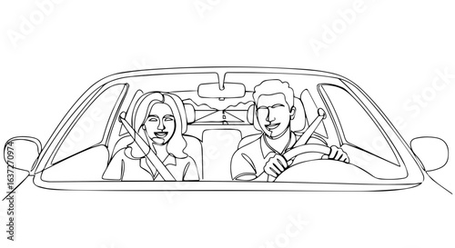 Couple road trip illustration showing front view of vehicle with passengers on highway. Couple road trip depicts fun journey and holiday adventure, perfect for representing travel.