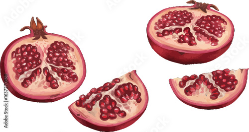 Artistic representation of sliced pomegranates showing seeds and juicy interior