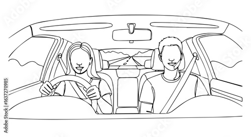 Couple road trip in car along highway offers freedom and adventure, showing travel and togetherness. Concept couple road trip with driving, exploring and enjoying the scenery,