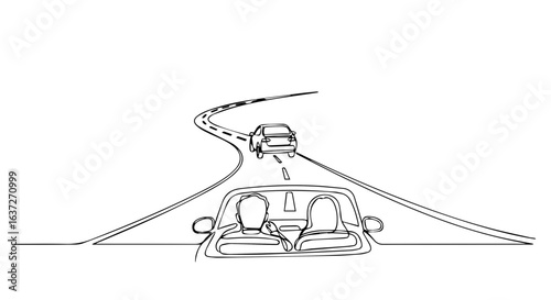 Couple road trip in line art style shows two people driving away. Couple road trip design emphasizes freedom, adventure, and open road. Symbolizing wanderlust,