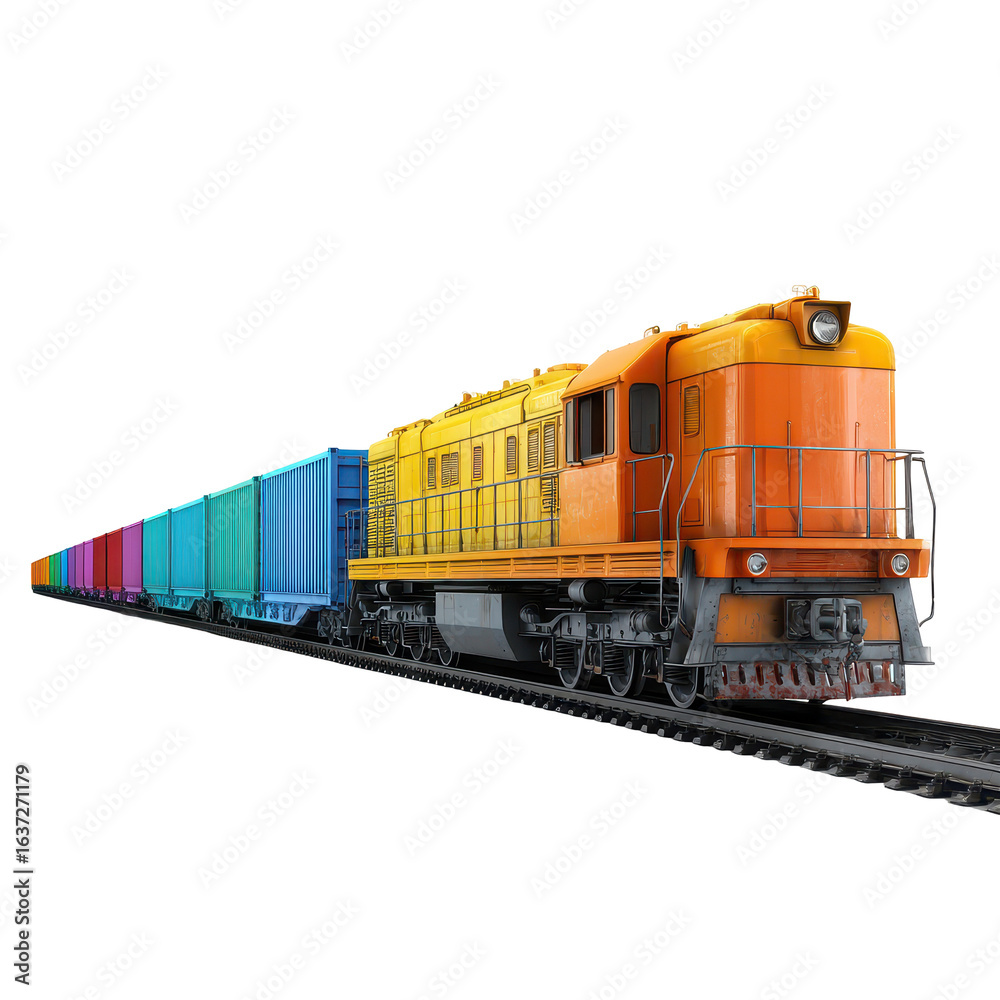 Obraz premium Freight train transporting colorful cargo containers on railway tracks during daytime
