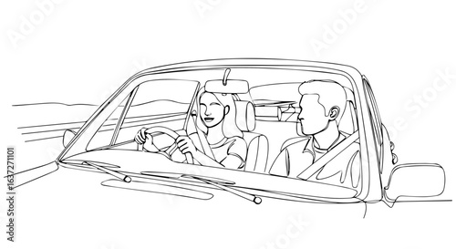 Couple road trip features two people in car, traveling and smiling, couple road trip is a symbol of freedom, adventure.