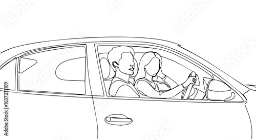 Couple road trip in car illustration, depicting young couple driving away. Couple road trip shows journey of young people, offering adventure and togetherness.
