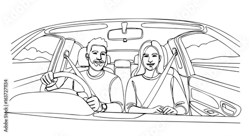 Couple road trip enjoying driving along the highway, showcasing togetherness and excitement. Couple road trip includes happy people, clear road, front seats, and open windows.
