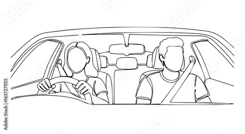 Couple road trip in car interior with driver and passenger enjoying journey. Couple road trip shows freedom and adventure on highway during vacation, car travel.