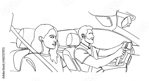 Suitcase packing for couple road trip in modern car with smiling woman and concentrated driver. Suitcase packing helps to go couple road trip, travel together with luggage and bags.