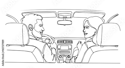 Couple road trip in car, line art illustration of happy man and woman enjoying journey, suitcase packing for holiday. Couple road trip shows cheerful couple inside automobile,