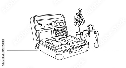 Suitcase packing in continuous line drawing showing essential items. Suitcase packing in line art includes travel accessories, clothes and small plant.