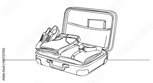 Suitcase packing scene illustrates vacation preparation essentials, luggage open. Suitcase packing for traveling, clothes folded neatly and ready to travel.
