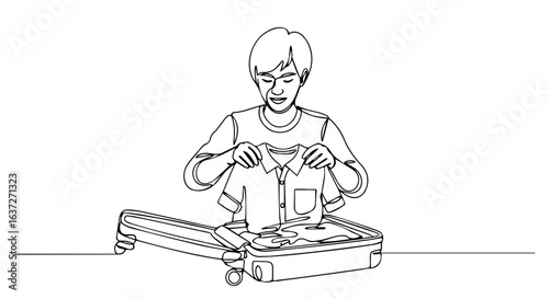 Suitcase packing features smiling traveler preparing suitcase for vacation. Suitcase packing involves carefully folding clothes and organizing necessities for upcoming trip.