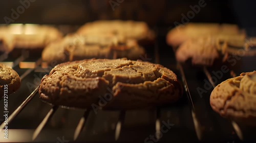 Golden Brown Homemade Cookies Baking on Oven Rack Showcasing Warm Lighting Sweetness and Crispy Edges Capturing Delicious Texture Perfect for Holiday Baking Sweet Treats and Indulgent Moments Close