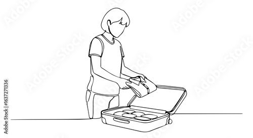 Suitcase packing in outline, person carefully folding clothes into suitcase. Suitcase packing includes neatly arranged apparel, preparation for travel. Suitcase packing represents planning for a trip.