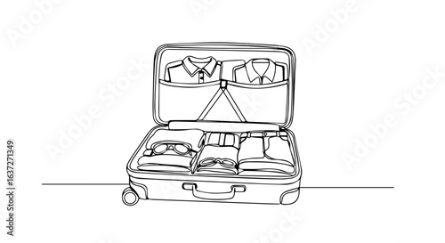 Suitcase packing showcases clothes folded neatly inside open luggage, ready for travel. Suitcase packing involves planning outfits and carefully organizing clothes and toiletries to maximize space.
