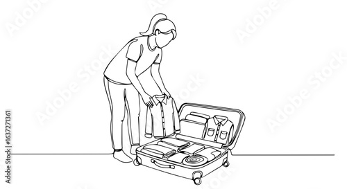 Suitcase packing with clothes neatly folded inside, woman preparing for journey. Organized suitcase packing involves efficient space utilization for clothing and travel essentials.