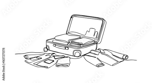Suitcase packing in progress with open luggage and clothes scattered nearby, suitcase packing, with items ready for travel. Suitcase packing preparation for vacation or business trip.
