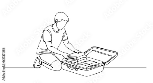 Suitcase packing shows efficient travel preparation, person carefully placing folded clothes inside. Suitcase packing requires organization and strategy, ensuring garments remain wrinkle-free.