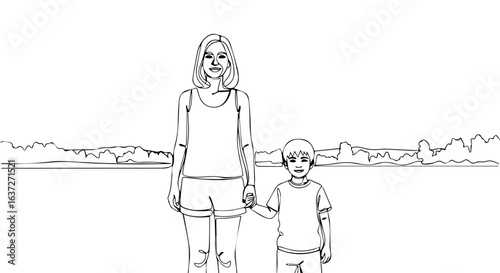 Family trip with mother and son standing outdoors together, enjoying their time. Family trip adventure, with parent and child bonding in nature.