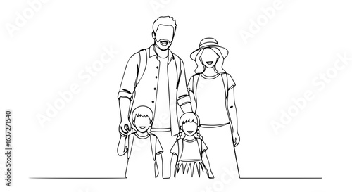 Family trip illustration shows parents with two children, backpacks, and casual summer attire, ready for adventure. Family trip conveys excitement and togetherness in simple line drawing.