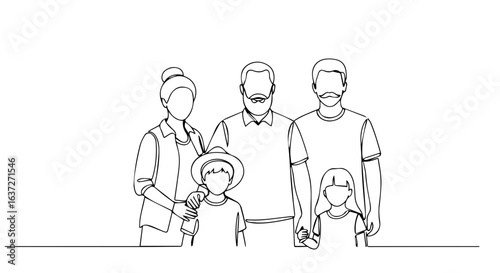Family portrait created with one line includes three generations standing together in minimal style. Family portrait with children and grandparents for holiday greeting card.